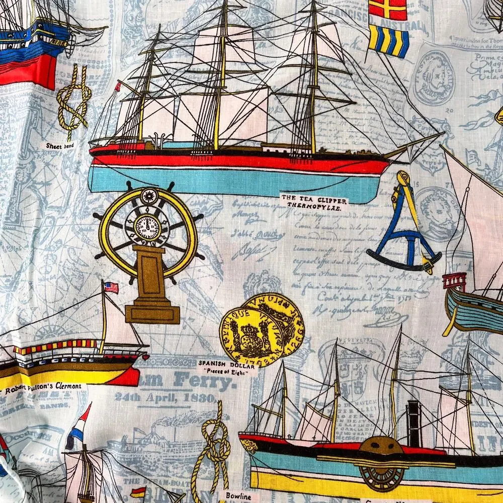 70s Vintage Historical Ship Print Curtains 1970s from House N Home Fabric